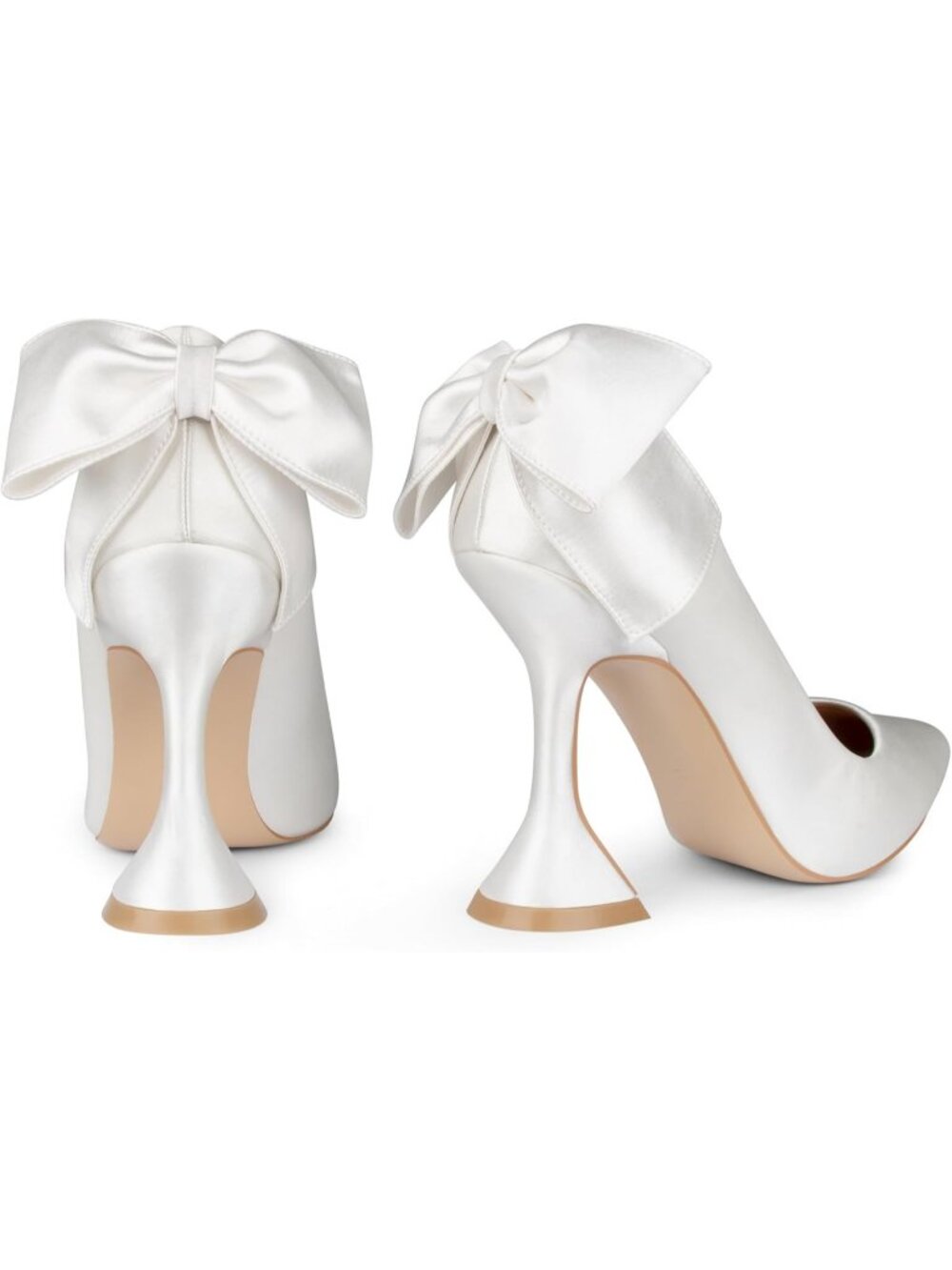 Women's White Bow(Silk) Flare Heels Pointed Closed Toe Chunky Pumps Party Shoes - Picture 4 of 6